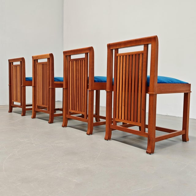 Blue Velvet Chairs Mod. Coonley by Frank Lloyd Wright for Cassina, 1989, Set of 4 For Sale - Image 10 of 18