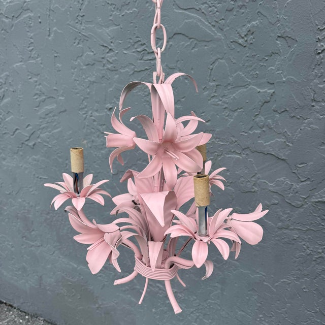 Italian Vintage Italian Pink Tole Chandelier/Pendant Lamp For Sale - Image 3 of 8