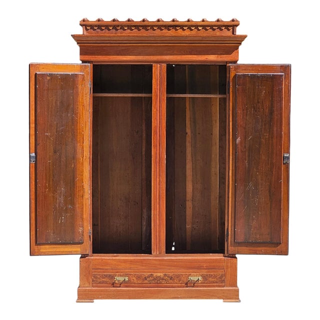 Late 19th Century Antique 1870s Eastlake Victorian Knockdown | Walnut W/ Burl | Wardrobe Armoire | With Key For Sale - Image 5 of 16