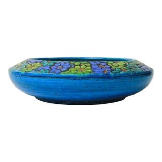 Vintage Italian Low Decorative Pottery Bowl W/ Floral Motif For Sale