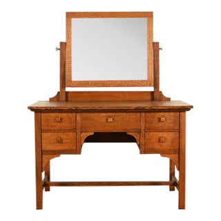 Limbert Style Antique Mission Oak Arts & Crafts Vanity or Dressing Table With Mirror, Circa 1910 For Sale