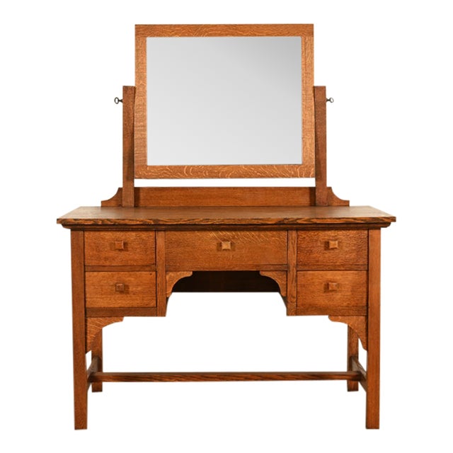 Limbert Style Antique Mission Oak Arts & Crafts Vanity or Dressing Table With Mirror, Circa 1910 For Sale