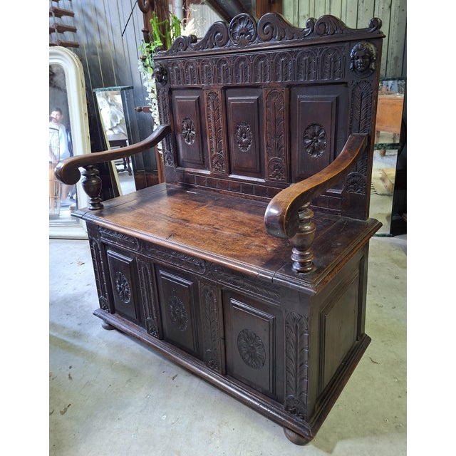 Wood 19th Century Renaissance Carved Wooden Storage Bench For Sale - Image 7 of 11