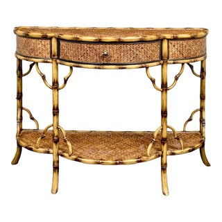 1980s Quality Chinoiserie Faux Bamboo and Woven Wicker Demilune Console For Sale