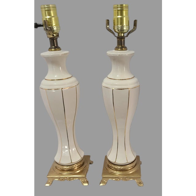 Pair Vintage Hollywood Regency Gilded Porcelain Boudoir Table Lamps For Sale - Image 6 of 9