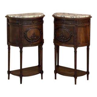 19th Century French Louis XVI Walnut Demilune Marble Top Nightstands - a Pair For Sale