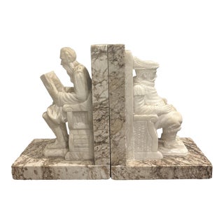1960s Hand-Carved Alabaster Don Quixote and Sancho Panza Bookends- a Pair For Sale