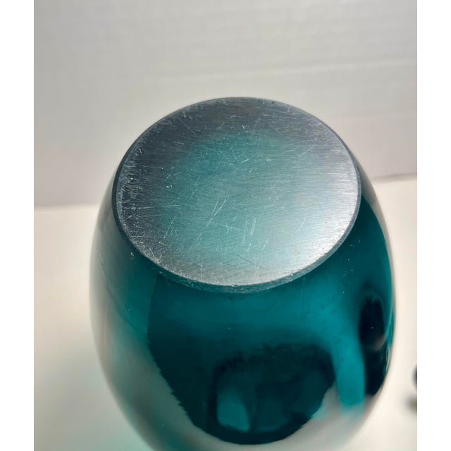 1960s Pair of Hand Blown Art Glass Vases Amethyst Purple & Blue Green Bubble Handles For Sale - Image 5 of 9