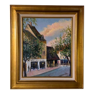 Michel Pernes (French, B. 1943) “Visite Libre” Impressionist Village Street Scene Oil on Canvas Painting , Framed For Sale