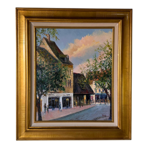 Michel Pernes (French, B. 1943) “Visite Libre” Impressionist Village Street Scene Oil on Canvas Painting , Framed