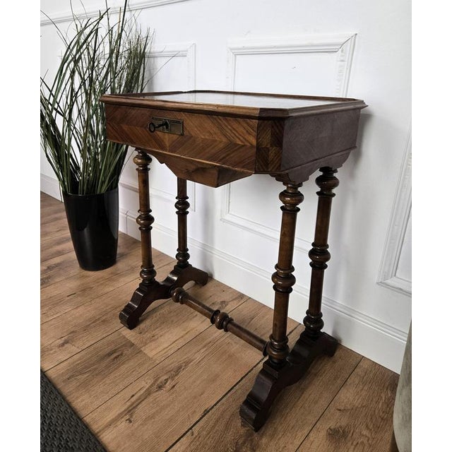 Antique Italian Inlaid Veneer Wood Sewing Side Table with Bobbin Barley Twist Legs, 1890s For Sale - Image 6 of 11