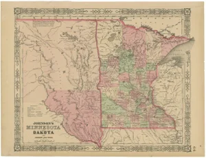 Hand-Colored Map of Minnesota and Dakota from Johnson's, USA, 1864