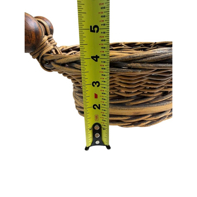 Vintage Wicker Basket With Turned Wood Double Ball Finial Handles - Boho Coastal Folk Art For Sale - Image 11 of 11