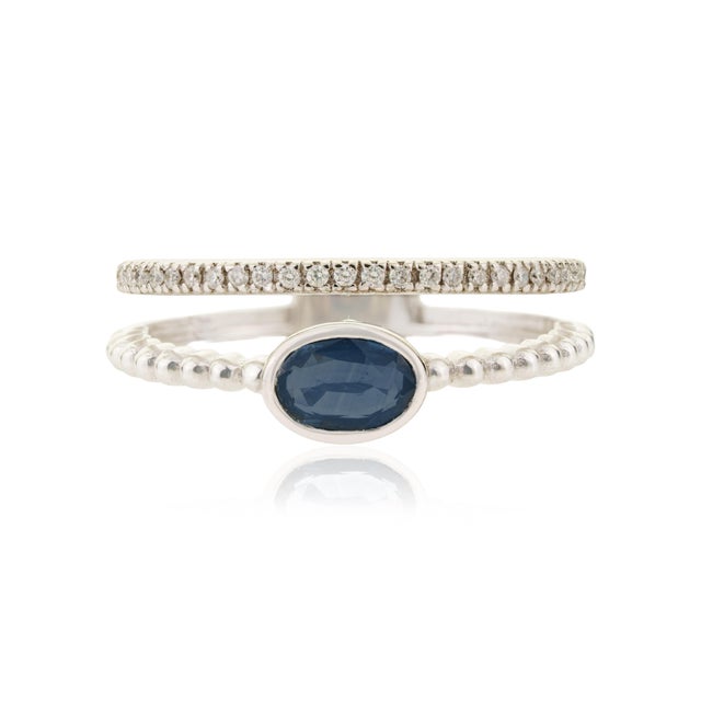 14k Gold Modern Blue Sapphire & Diamond Beaded Double Band Ring Size 6.5 For Sale - Image 4 of 14