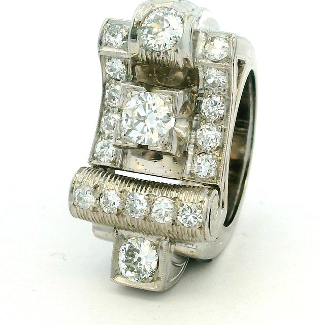 Vintage Platinum Diamond Cocktail Ring, 3 Carats Total, 1940s, Size 6.5 For Sale - Image 9 of 17