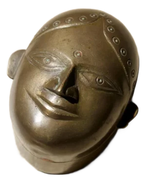 Antique Indian Brass Lady Face Box With Original Red Pigment, Kumkum/Sindoor Storage