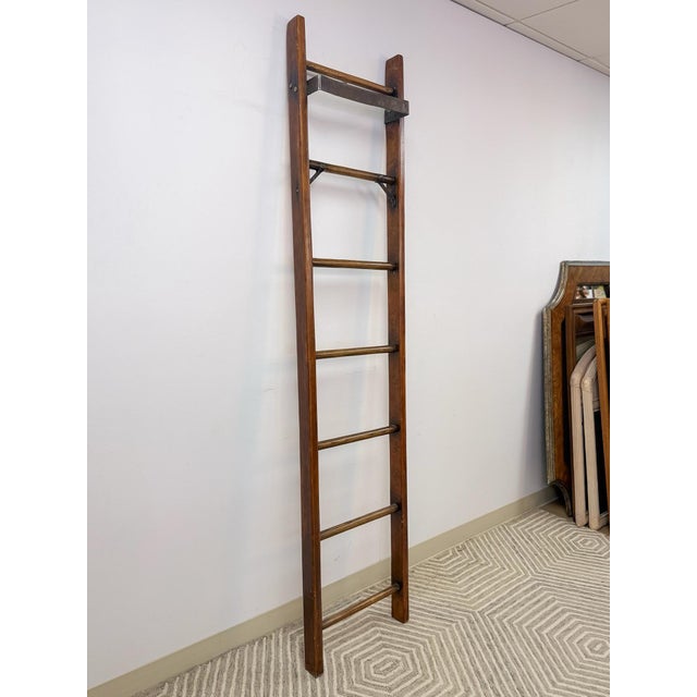 Farmhouse Antique Wood Metal Library Ladder 7 Rung Rolling Bookcase Ladder 82" For Sale - Image 3 of 9