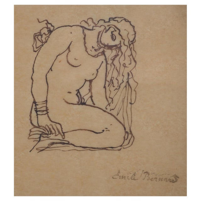 Emile Bernard, Kneeling Nude, 1900, Original Indian Ink Drawing For Sale