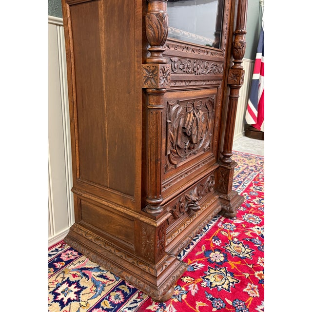 Brown Antique French Renaissance Revival Scholars Bookcase Cabinet Carved Oak 19th C For Sale - Image 8 of 15