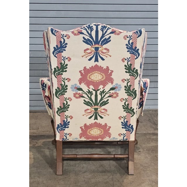 Wood Mid 20th Century Kittinger Colonial Williamsburg Mahogany Wing Chair Cw 44 Schumacher Fabric For Sale - Image 7 of 10
