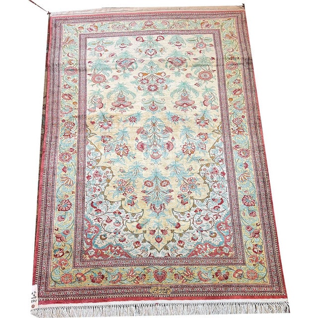Gold A Stunning Vintage Signed 100% Silk on Silk Persian Qum Rug For Sale - Image 8 of 9