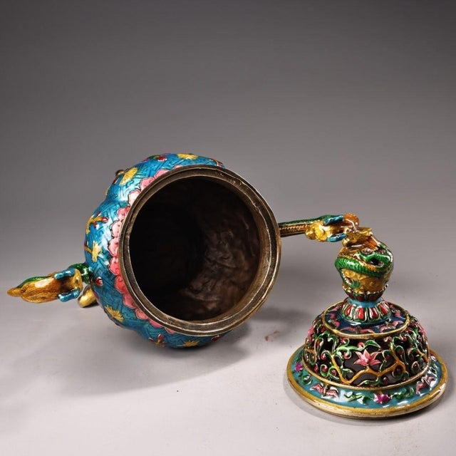 Late 20th Century Late 20th Century Cloisonné Enamel Censer With Dragon Handles and Floral Motifs For Sale - Image 5 of 9