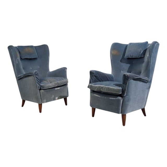 Danish Cabinetmaker, Lounge Chairs, Blue Velvet, Stained Wood, Denmark, 1950s For Sale