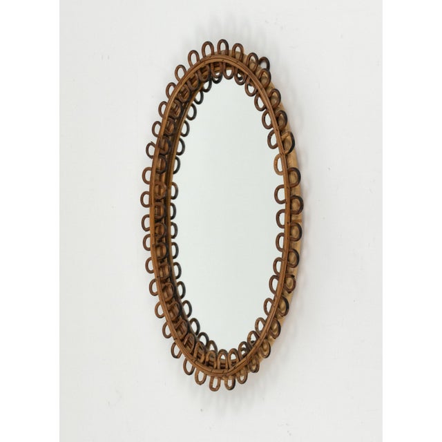 Franco Albini Mid-Century Oval Rattan and Bamboo Wall Mirror in the style of Franco Albini, Italy, 1960s For Sale - Image 4 of 10