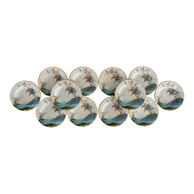 Vintage Chinoiserie Gien Faiencerie "Magellan" Rim Soup Plates- Set of 12 For Sale