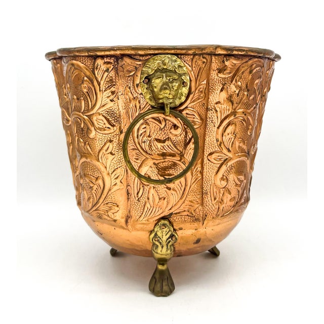 Vintage Embossed Copper Planter / Cachepot With Lion Head Ring Handles & Paw Feet - English / French Country / Rustic European For Sale In Houston - Image 6 of 13