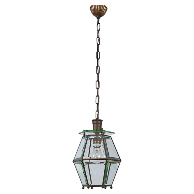 Italian Hexagonal Brass and Beveled Glass Pendant Light in Style of Adolf Loos, 1950s For Sale