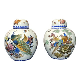 Mid-20th Century Asian Blue and White Peacock Ginger Jars - a Pair For Sale