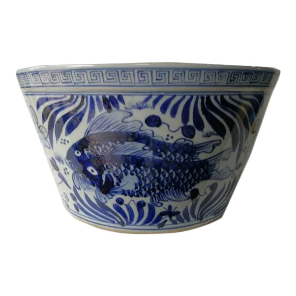 Chinese Blue and White Oriental Fish Bowl Planter For Sale