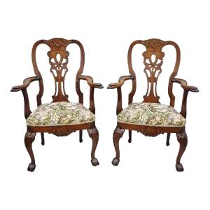 Early 20th Century Antique Georgian Style Mahogany Carved Eagle Heads Dining Arm Chairs - a Pair