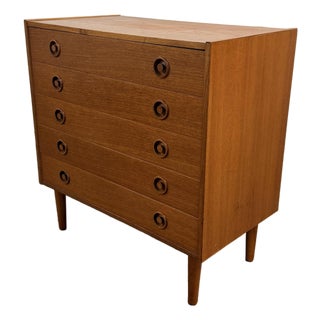 Vintage Danish Modern Teak Five Drawer Chest With Sculpted Round Pulls For Sale