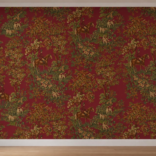 Vintage deadstock late 20th century (late 1990s, Early 2000s) Ralph Lauren toile vinyl wallpaper. Set against a rich deep...