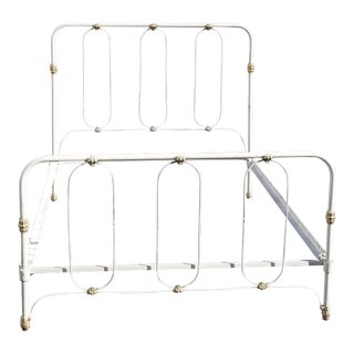 Vintage French Country Farmhouse Chic White Metal Full Bed Headboard & Footboard For Sale