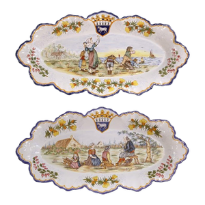 Pair of Late 20th Century Henriot Quimper Faience Wall Platters With Breton Figures