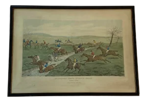 Mid 19th Century "Aylesbury Grand Steeple Chase, Brook Scene" Color Engraving