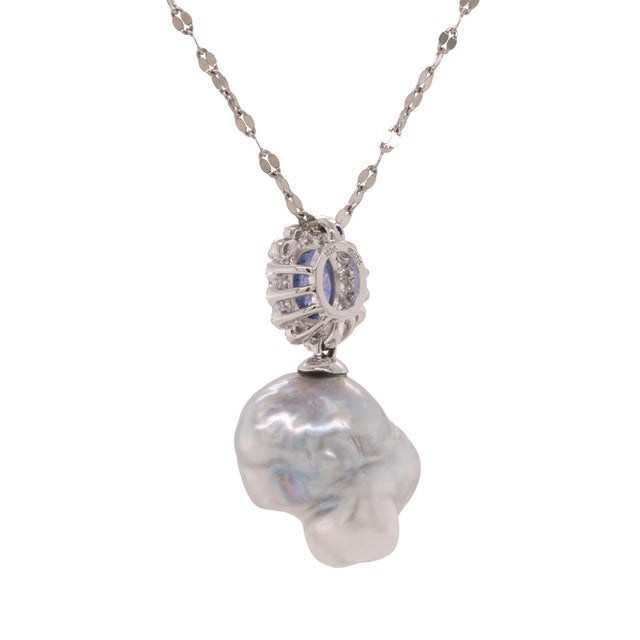 Contemporary Oval Sapphire, Diamond and South Sea Pearl Platinum Pendant Necklace - Fei Liu For Sale - Image 3 of 8