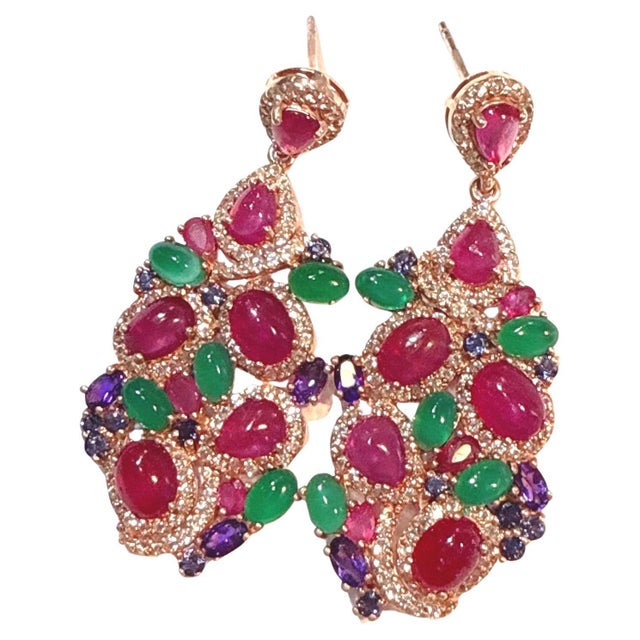 Not Yet Made - Made To Order Bochic “Orient” Ruby, Green Agate & Amethyst Earrings Set In 18K Gold & Silver For Sale - Image 5 of 12