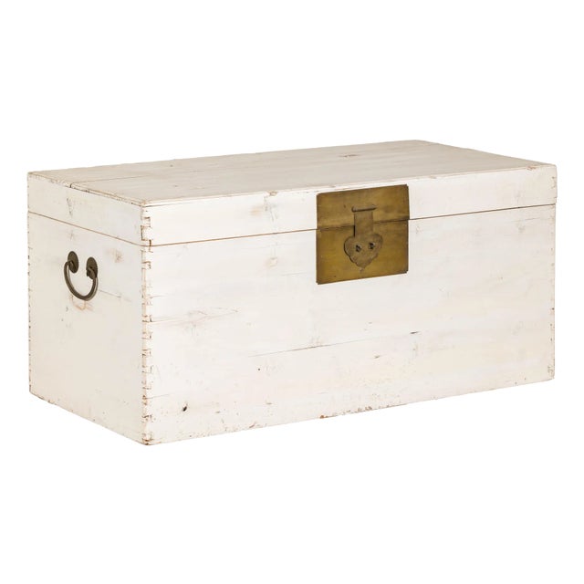 Mid 20th Century Whitewashed Blanket Chest with Brass Hardware and Storage For Sale