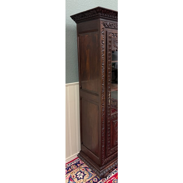 Antique French Breton Bookcase Armoire Linen Cab Wavy Glass Carved Chestnut 19th For Sale - Image 10 of 18