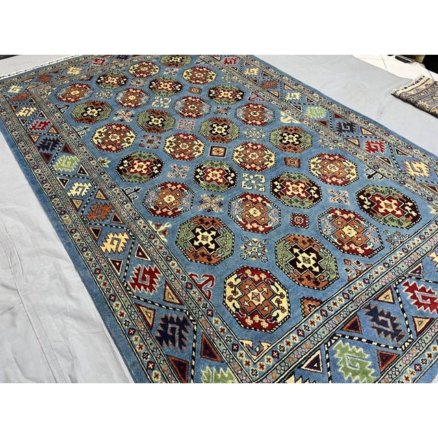 Art Deco Blue Bokhara Wool Area Rug With Tribal Gul Motifs, 6'6" X 10'5" For Sale - Image 3 of 15