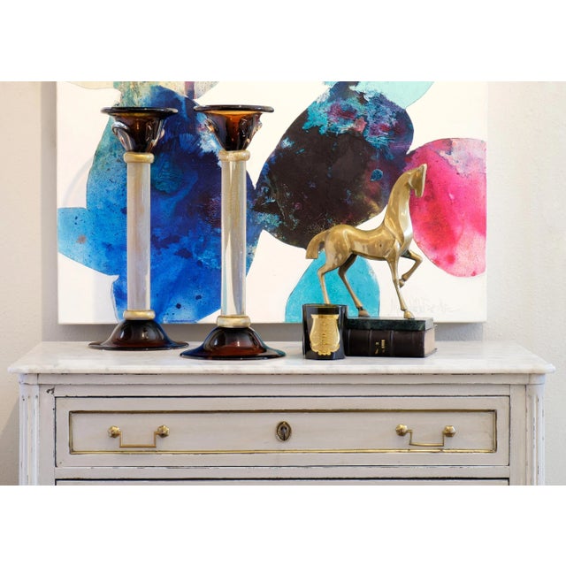 Modern Murano Amber & "Avventurina" Glass Candlesticks - a Pair For Sale - Image 3 of 10