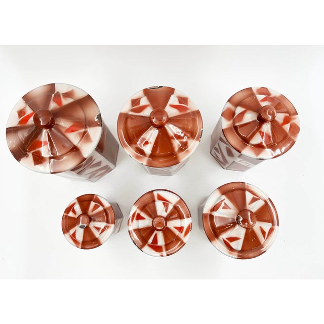 Antique French Enamel Kitchen Tins Set by Aubecq, 1920s, Set of 6 For Sale - Image 3 of 10