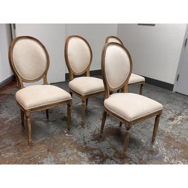 Contemporary Van Thiels for Restoration Hardware French Contemporary Round Fabric Dining Side Chairs, Set of Four For Sale - Image 3 of 12