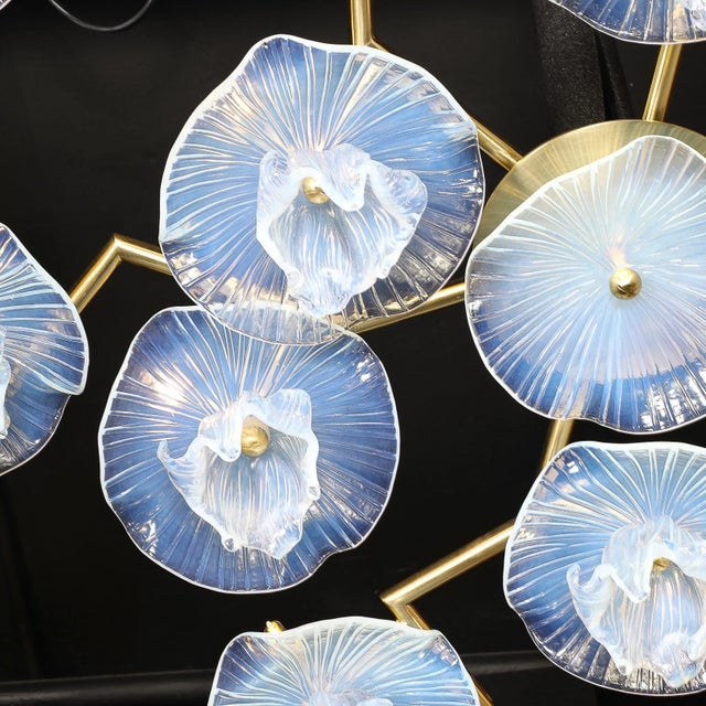 Modern Modernist Hand-Blown Opalescent Murano Glass "Reverse Bloom" Brass Flush-Mount For Sale - Image 3 of 18