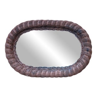 Vintage Boho Wicker Lacquered Oval Wall Hanging Mirror 2x1 For Sale