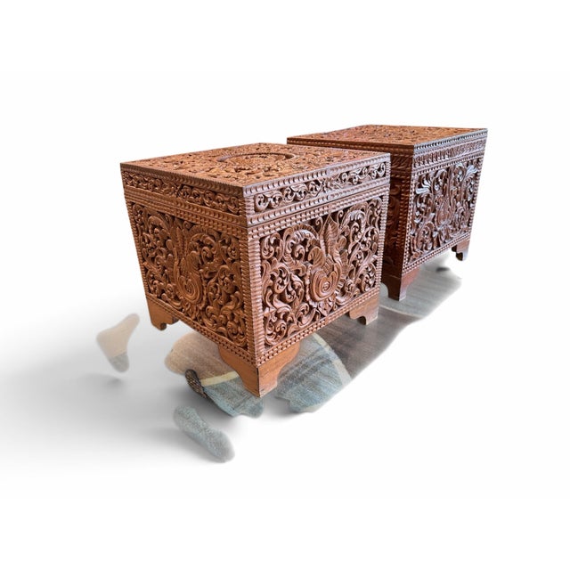 Elevate your living room or bedroom with this exceptional pair of vintage, matching Anglo-Indian side tables. Masterfully...